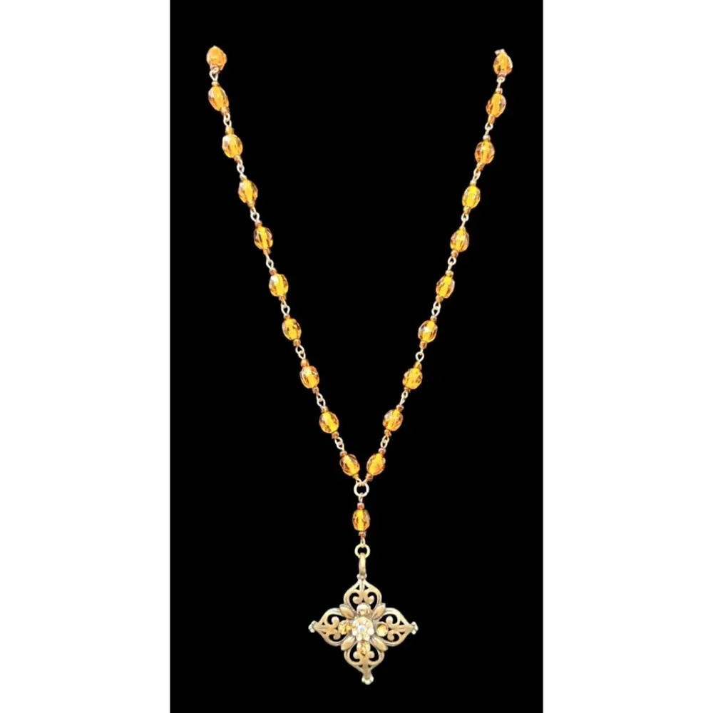 Antique Look Beaded Chain and Metal Medallion Necklace